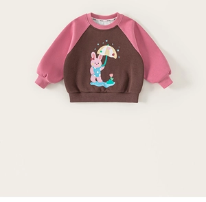 Detail of pink raglan sleeves and cute bunny print on children cotton sweatshirt