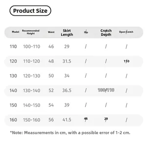 Detailed size chart for girls winter pleated skirt showing height, waist, and length