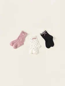 Pack of 3 girls' cotton crew socks with pink bows in cable knit and polka dot patterns