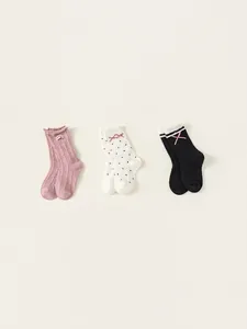 3-pack girls mid-calf socks with bows and lace ruffles in pink white and black