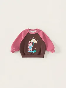 Baby Girls Cartoon Rabbit Print Sweatshirt Raglan Sleeve Color Block Pullover Top Cotton Blend Autumn Long Sleeve Shirt For Kids