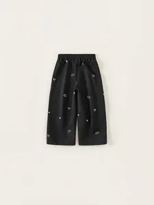 Pantalon cargo noir fille avec broderie nœud rose et nuage pour printemps et automne