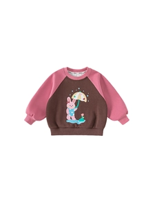 Kids long sleeve raglan sweatshirt with cute pink rabbit print on brown and pink fabric
