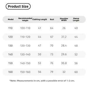 Size chart showing height, length, bust, and sleeve measurements for girls' undershirts