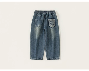 Detail of blue denim trousers with elastic waist and embroidered back pockets