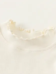 Girls' beige long-sleeve ribbed knit base shirt with elegant ruffled mock neck collar