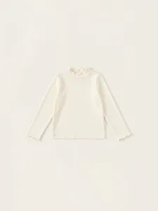 Girls long sleeve ribbed shirt in cream white with decorative ruffle edge details