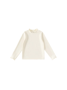 Girls long sleeve cotton t-shirt with frill neck and cuffs in cream white color