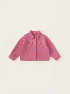 Veste Fille Douce Poche Cœur Boutons Colorés Manches Longues Coton Denim Mode Manteau Décontracté Rose