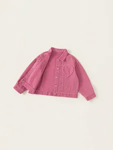 Veste en jean rose pour filles avec poche en forme de cœur et revers classique