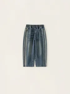 Boys Casual Denim Jeans Contrast Side Stripes Elastic Waist Letter Printed Washed Straight Leg Long Pants For Kids