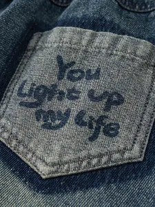 Classic dark blue wash boys denim straight pants featuring text design on the back pocket