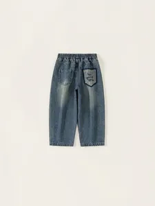 Classic blue wash denim jeans for boys with elastic waistband and pocket embroidery