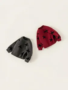 Kids star pattern knit sweater in dark grey and burgundy with ribbed cuffs and round neck
