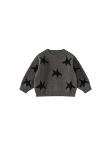 Dark grey knitted sweater for kids with black star patterns and ribbed cuffs and hem