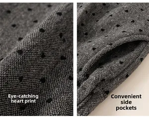 Detail of grey girl trousers showing black heart prints and functional side pockets