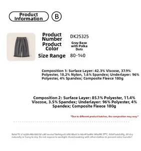 Detailed size chart and fabric composition for girls grey polka dot ruffle pants