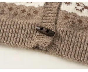 Detail of knit cardigan hem featuring jacquard pattern and a vintage horn button closure