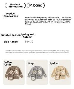 Detailed size chart and fabric composition for kids knit cardigans in three colors