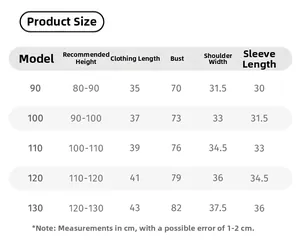 Size chart for girls' knitted cardigan sweater showing measurements for sizes 90 to 130 cm