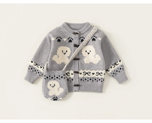 Detail of grey baby knit cardigan with wooden toggles and matching crossbody bag