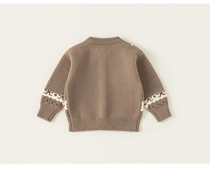 Detailed back view of kids brown knit sweater with geometric jacquard patterns on sleeves