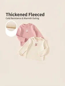 Meisjes Zoet Met Fleece Gevoerd T-Shirt Lange Mouwen Winter Warm Konijn Borduurwerk Strik Decor Mock Neck Onderlaag Top Kinderkleding
