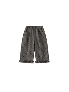 Girls dark grey heart print trousers with ruffle hem and elastic waist