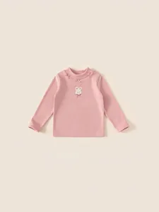 Roze meisjesshirt met lange mouwen, konijnenborduurwerk en strikjes op de kraag
