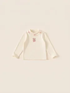 Meisjes shirt met lange mouwen in crème met roze strikjes en konijn borduursel