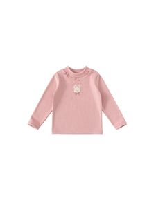 Roze geribd meisjesshirt met lange mouwen, opstaande kraag, strikjes en konijnborduursel