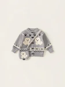 Forest style gray knitted girls cardigan with ghost pattern, horn buttons and matching bag