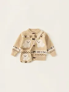 Forest-style beige knit cardigan for girls with puppy patterns and matching crossbody bag