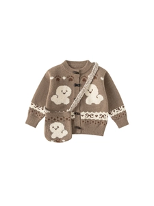 Brown knit cardigan set for kids with cartoon ghost patterns and matching mini crossbody bag