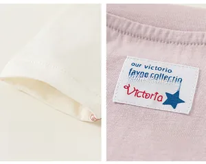 Close-up of pink knit cotton fabric featuring embroidered star patch and cream cuffs