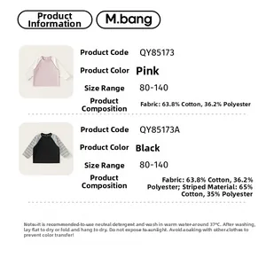 Detail view of cotton blend raglan sleeve shirts for kids in pink and striped black