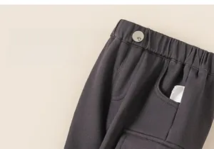Details von Mädchen Cargohose mit elastischem Bund, Metallknopf und grauem Twill-Stoff