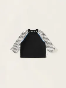Kids long sleeve raglan T-shirt featuring black body and striped sleeves with blue stitching