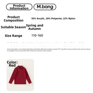 Detail showing red knitted sweater with 50% acrylic fabric and Chinese style collar