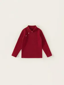 Girls Ribbed Knitted Sweater Acrylic Blend Retro Chinese Style Stand Collar Artificial Pearl Button Long Sleeve Top For Kids Everyday