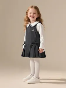 Mädchen Preppy Academy Stil Kleidung Baumwolle Langarm Peter Pan Kragen Hemd Und百褶 Weste Rock Mit Schleife Für Kinder