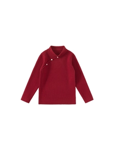 Girls' long-sleeved burgundy knit sweater with Chinese style side closure and pearl buttons