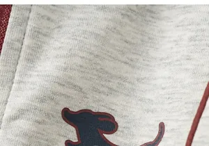 Gros plan sur un sweat à capuche gris pour bambin avec imprimé chien mignon et bordures contrastées