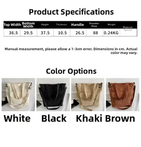 Size chart showing dimensions for large capacity corduroy tote bag with strap measurements