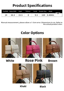 Crocodile pattern PU leather bag specs showing dimensions 26.5x15.5x8cm and multiple colors