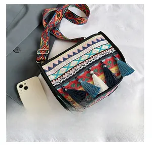 Detail view of woven ethnic crossbody bag featuring colorful patterns and vibrant tassels
