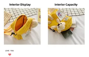 Vue détaillée du sac bandoulière en toile jaune avec ours en peluche et écusson cupcake