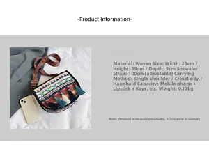 Ethnic woven crossbody bag detail showing dimensions 25x19x9cm and colorful tassels