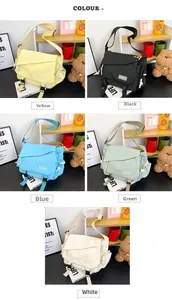 Detailed comparison of canvas messenger bags in yellow, black, blue, green, and white