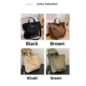 Collage of canvas tote bags in black, brown, khaki, and green showing button detail